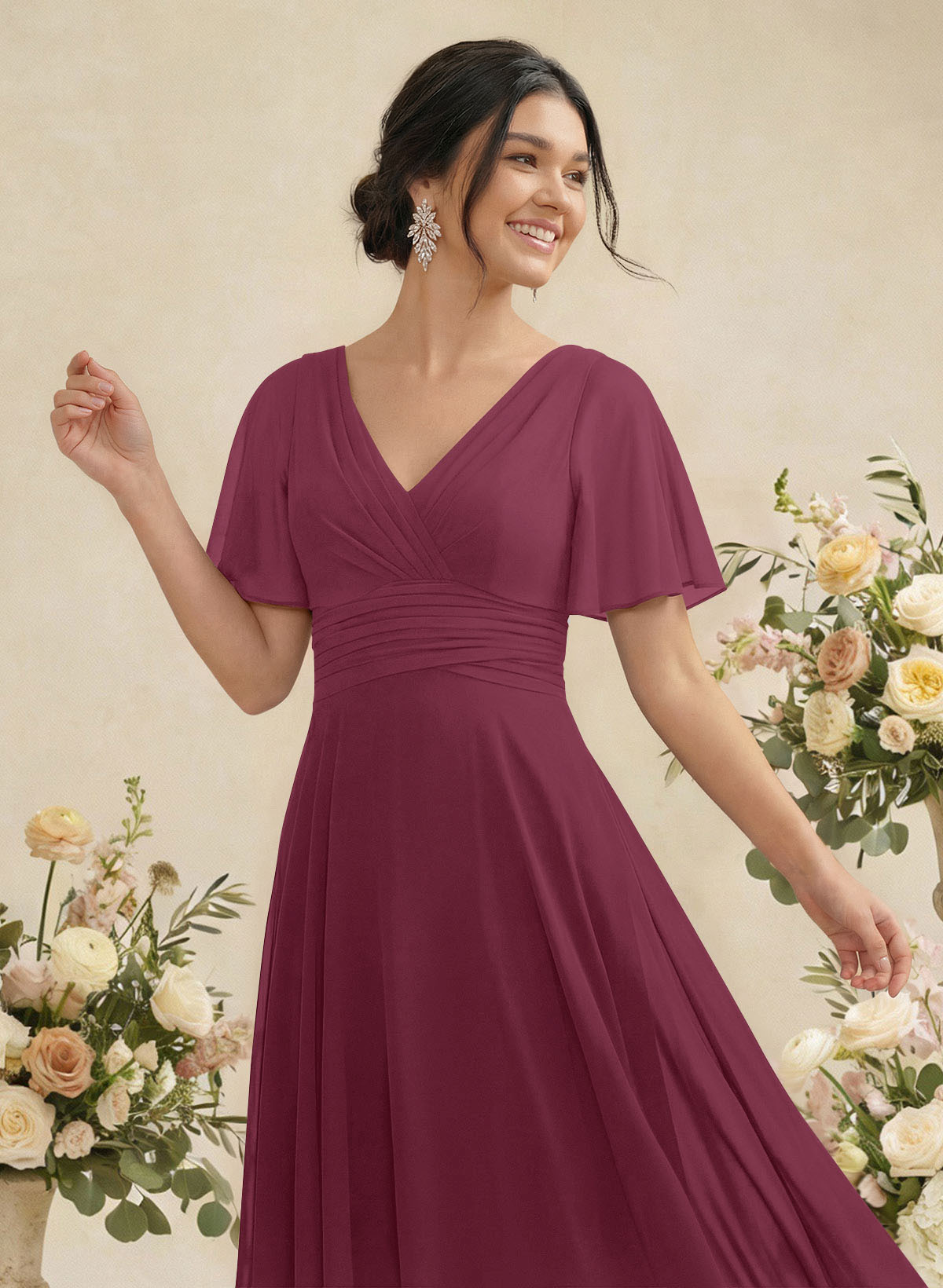 V-Neck Chiffon Bridesmaid Dresses With Short Sleeves, product image 64