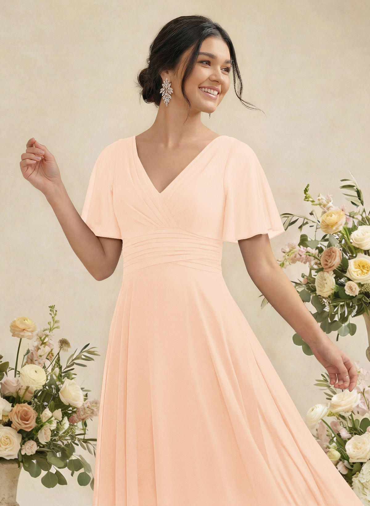 V-Neck Chiffon Bridesmaid Dresses With Short Sleeves, product image 84