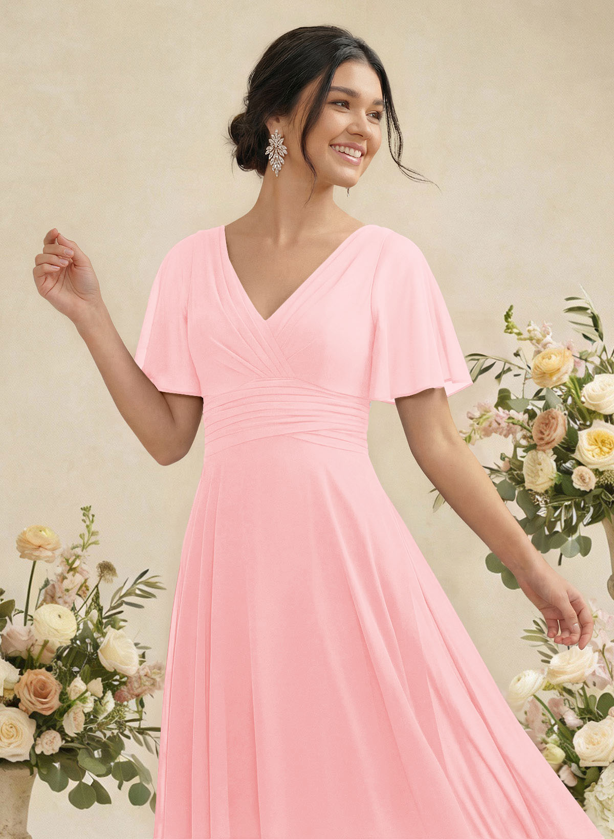 V-Neck Chiffon Bridesmaid Dresses With Short Sleeves, product image 92