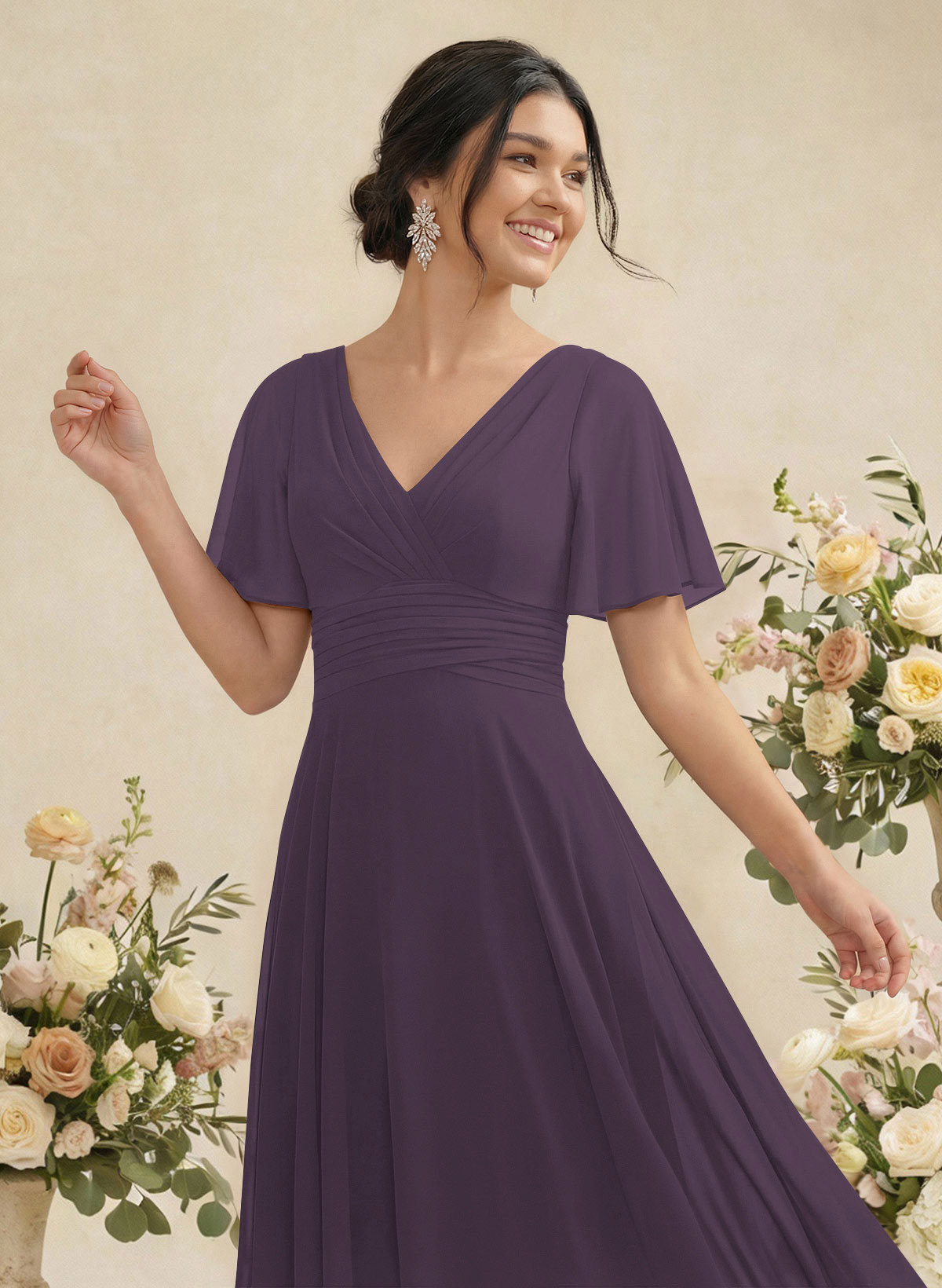 V-Neck Chiffon Bridesmaid Dresses With Short Sleeves, product image 136