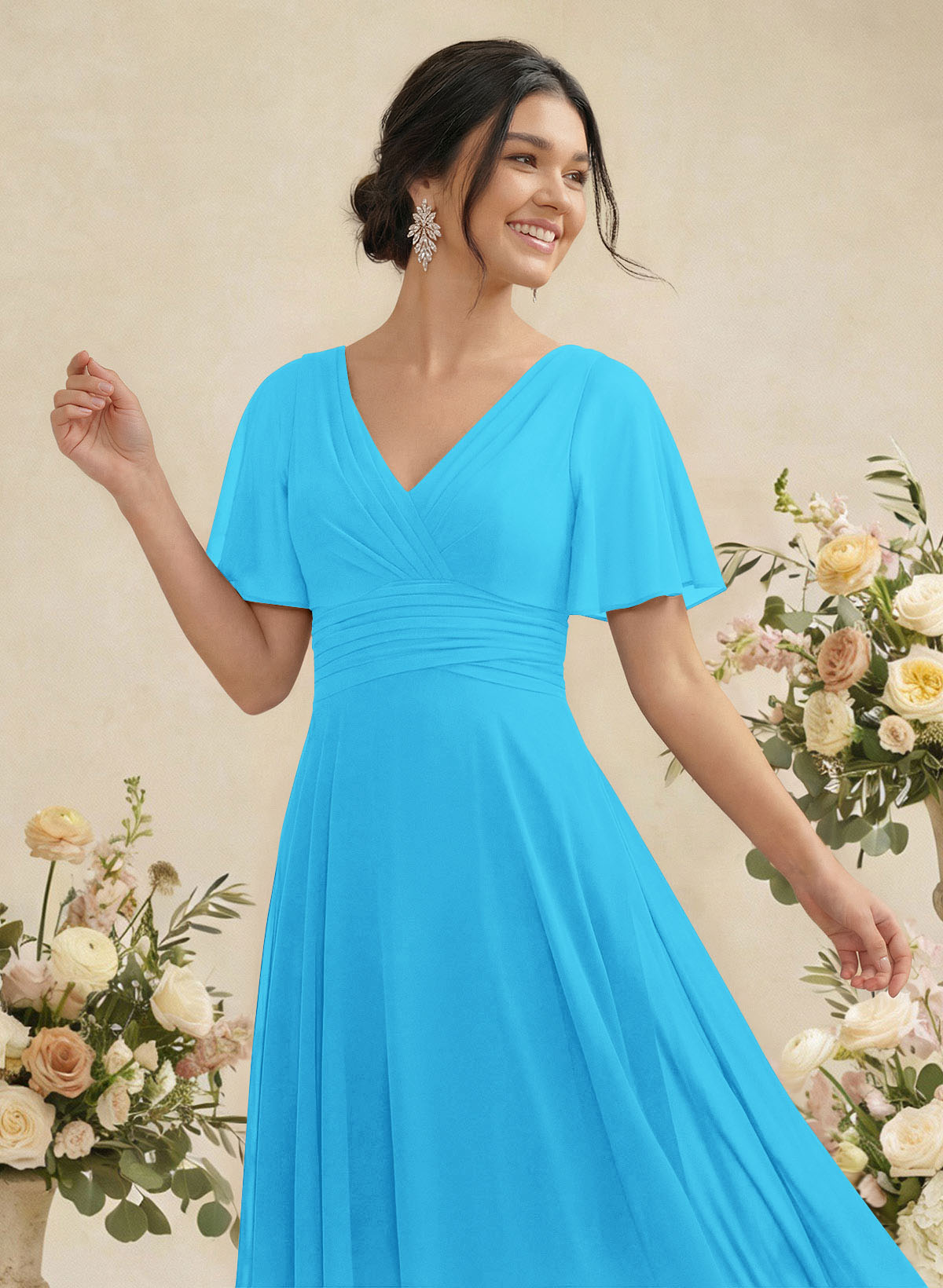 V-Neck Chiffon Bridesmaid Dresses With Short Sleeves, product image 36