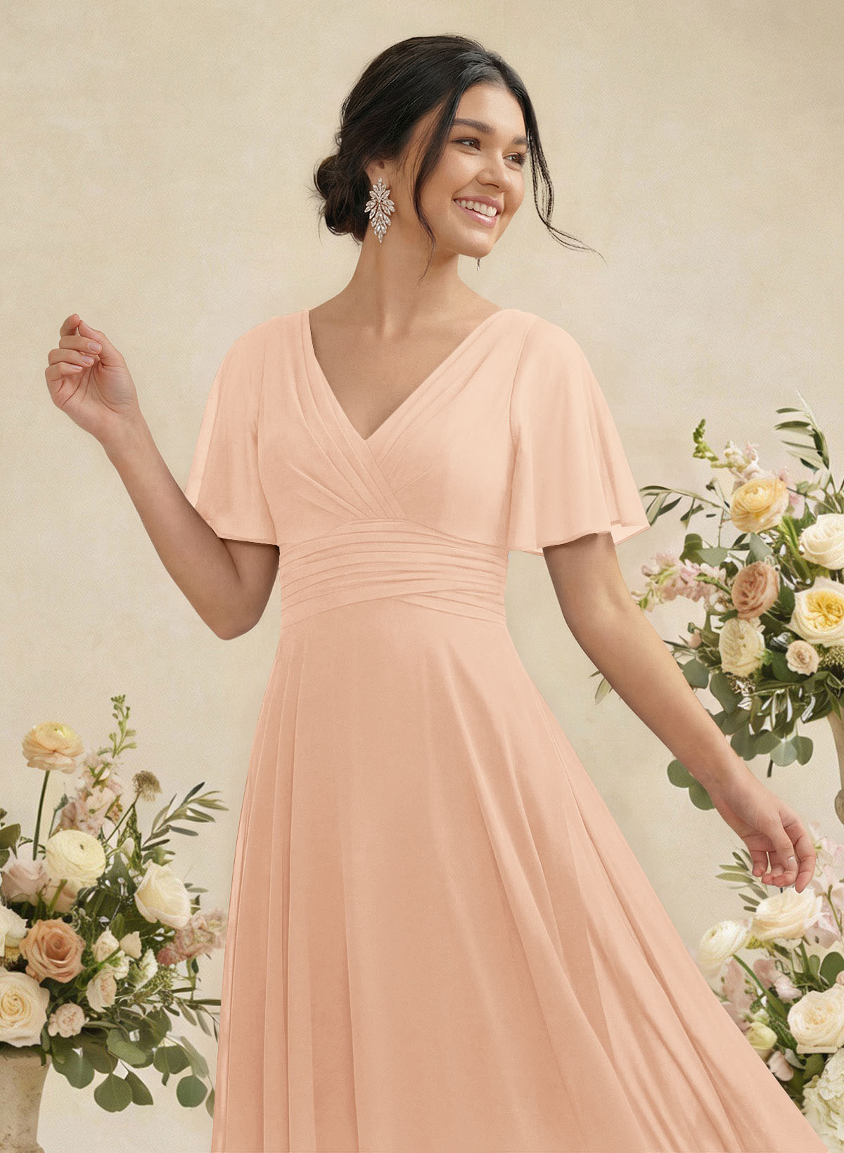 V-Neck Chiffon Bridesmaid Dresses With Short Sleeves, product image 252