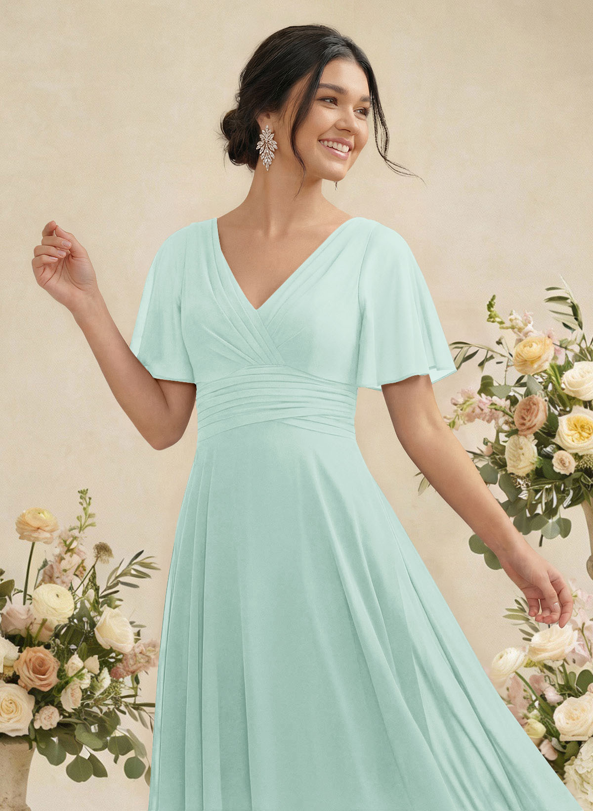 V-Neck Chiffon Bridesmaid Dresses With Short Sleeves, product image 180