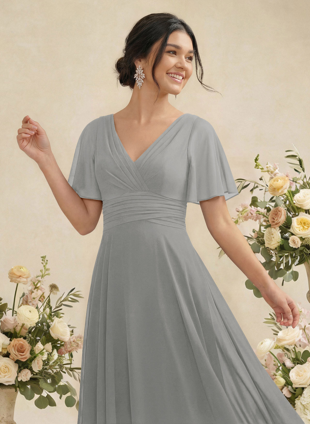 V-Neck Chiffon Bridesmaid Dresses With Short Sleeves, product image 228