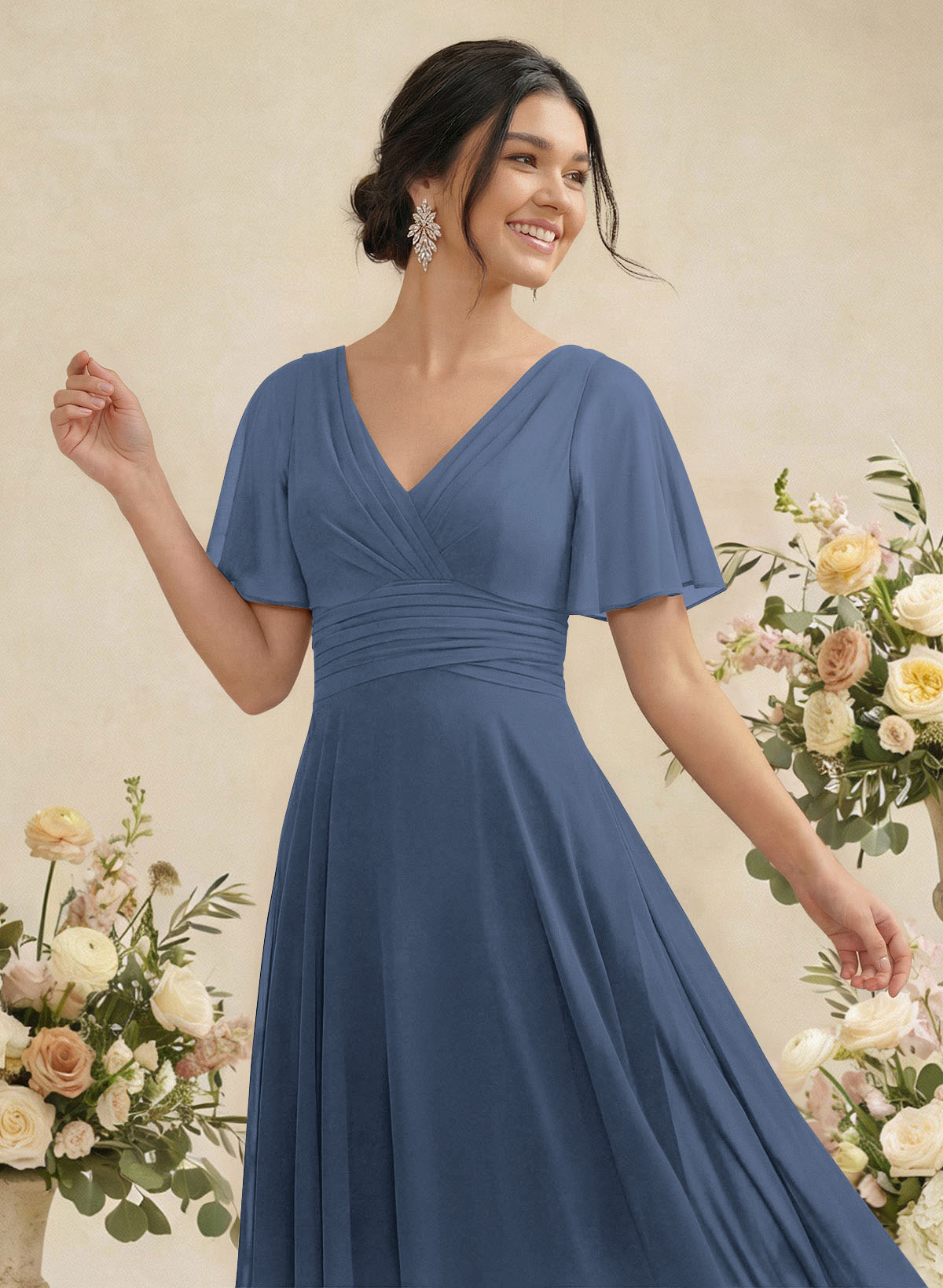 V-Neck Chiffon Bridesmaid Dresses With Short Sleeves, product image 15