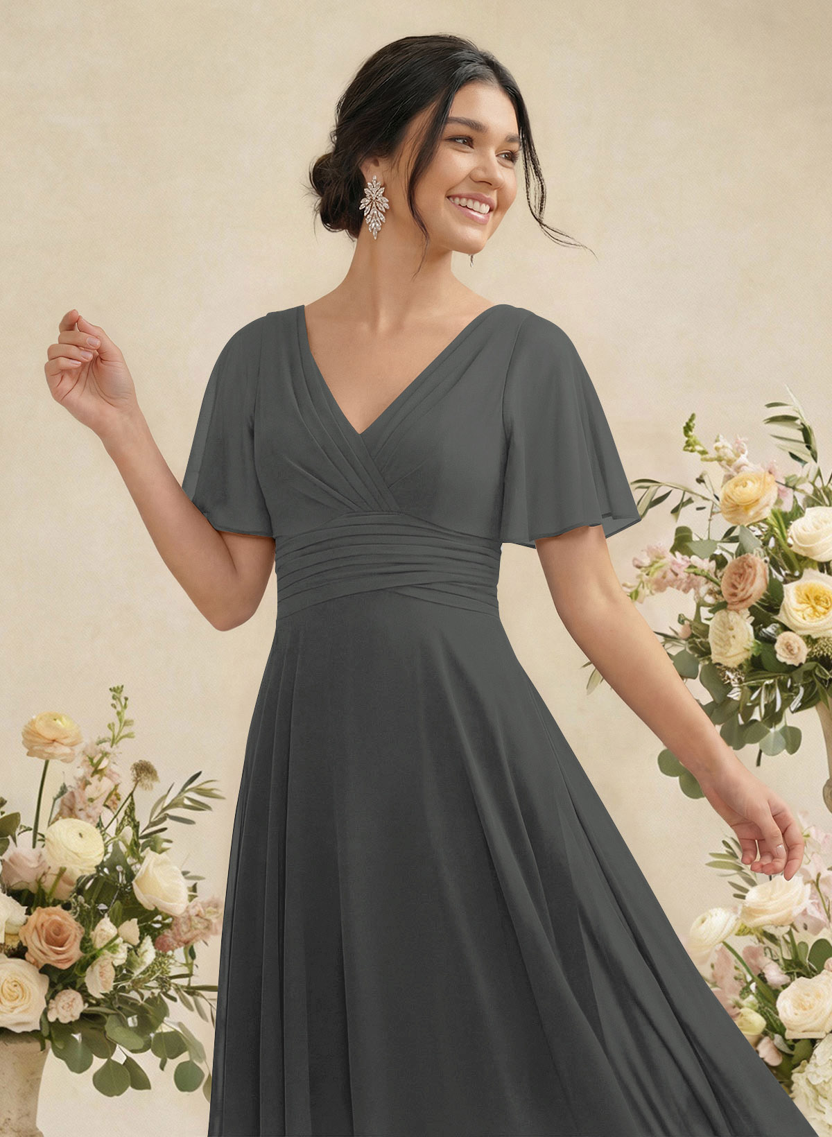 V-Neck Chiffon Bridesmaid Dresses With Short Sleeves, product image 232