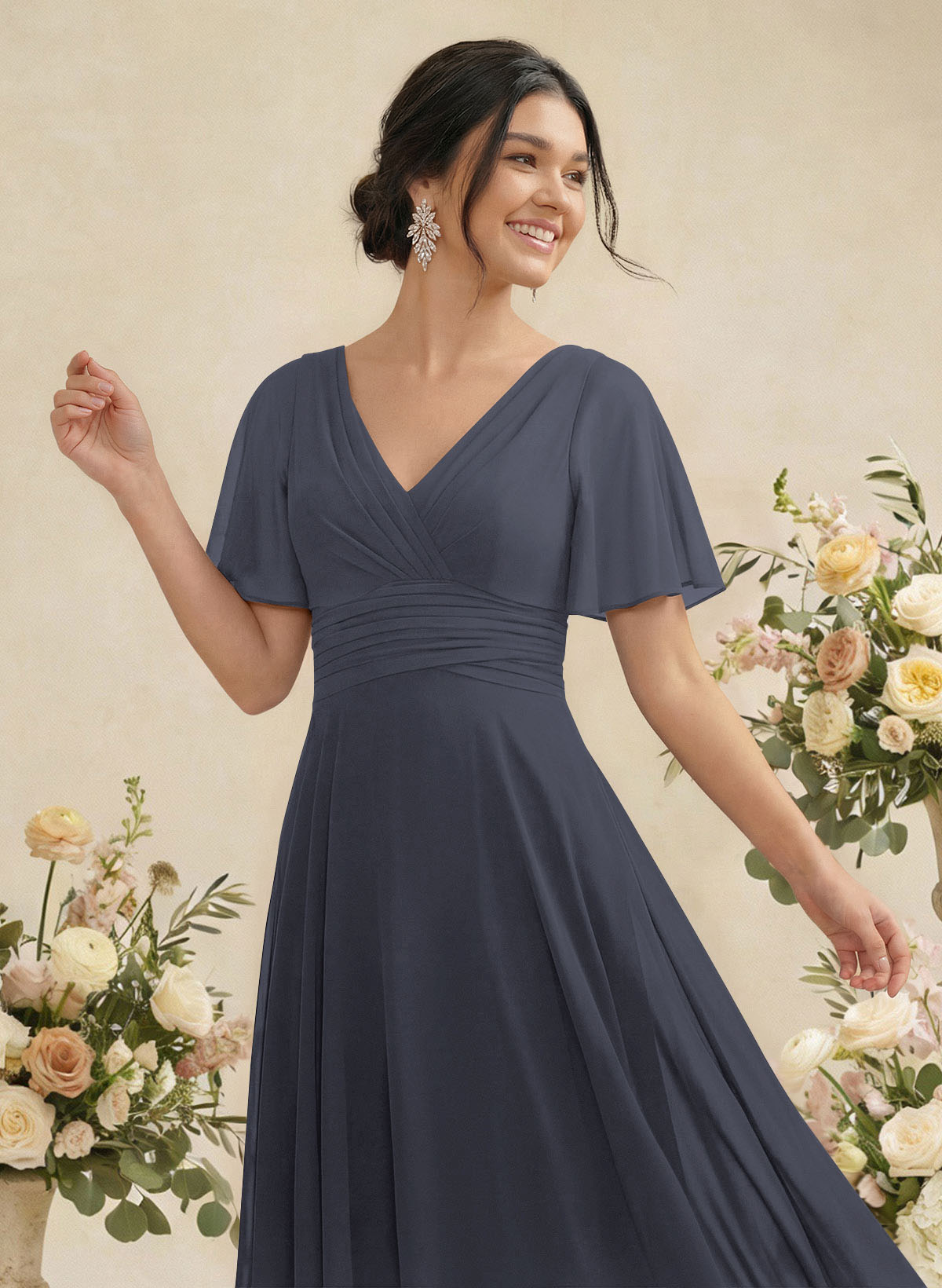 V-Neck Chiffon Bridesmaid Dresses With Short Sleeves, product image 19
