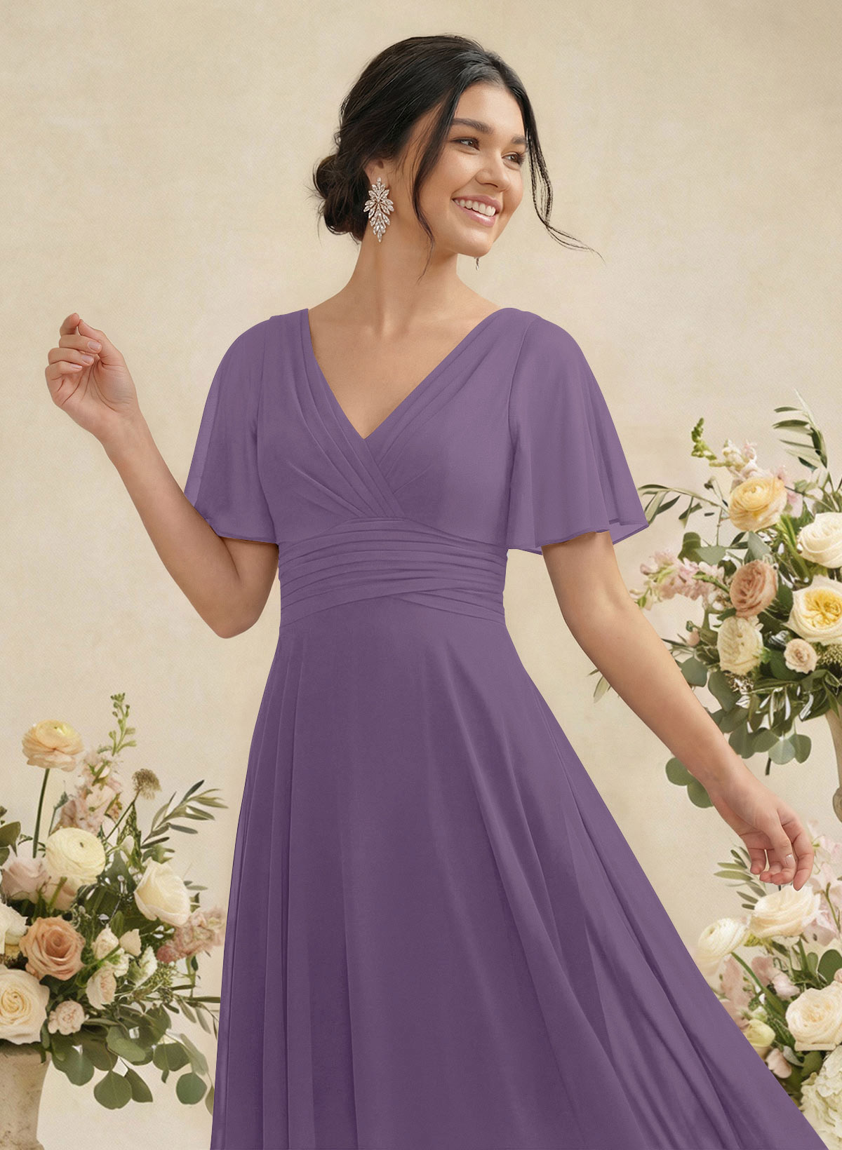 V-Neck Chiffon Bridesmaid Dresses With Short Sleeves, product image 132