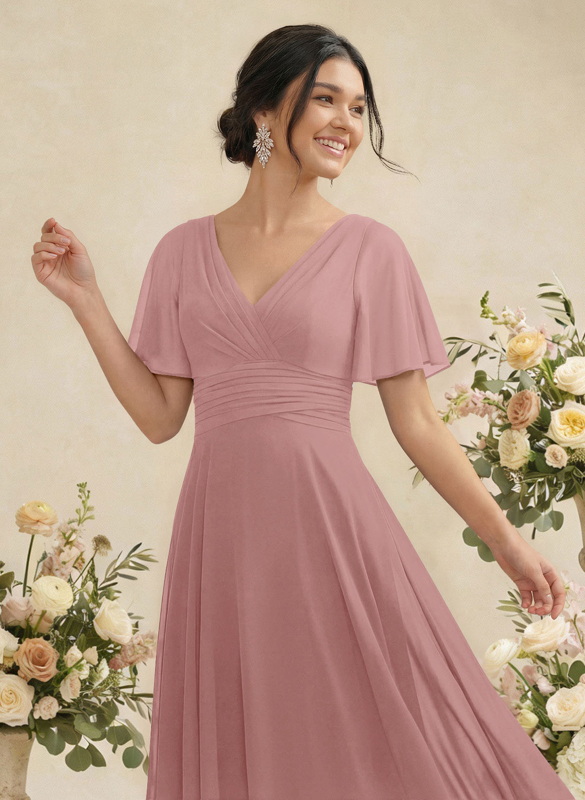 V-Neck Chiffon Bridesmaid Dresses With Short Sleeves, product image 116