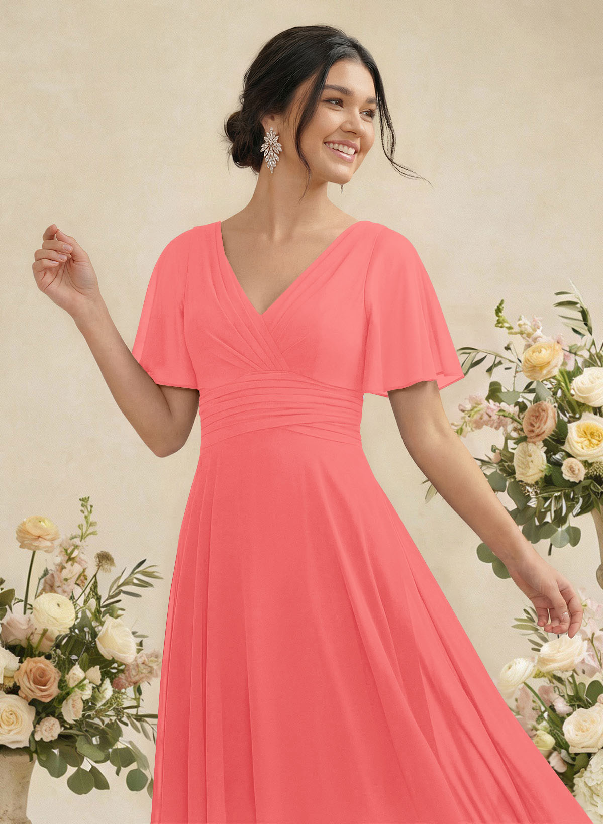 V-Neck Chiffon Bridesmaid Dresses With Short Sleeves, product image 76
