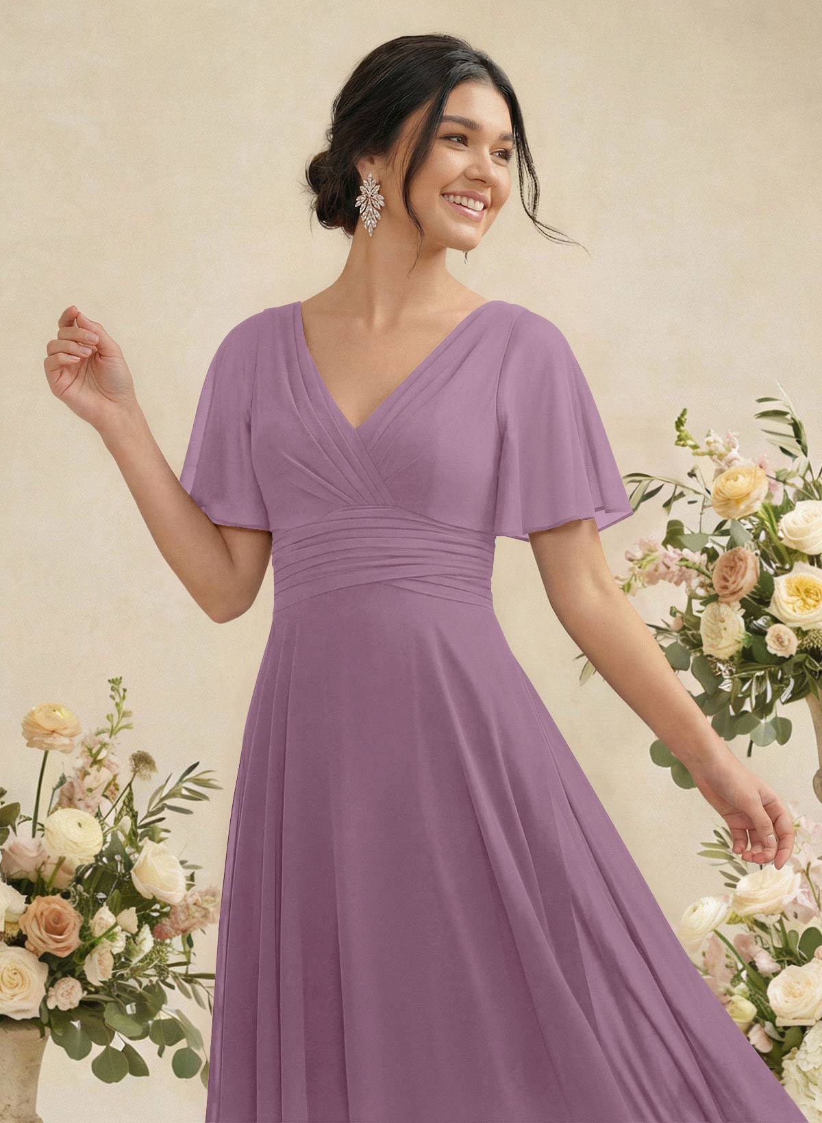V-Neck Chiffon Bridesmaid Dresses With Short Sleeves, product image 112
