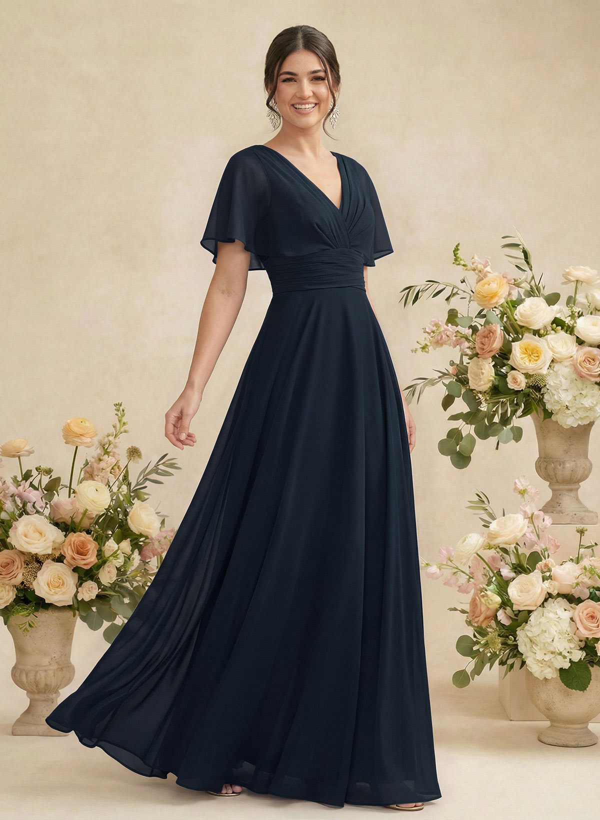 V-Neck Chiffon Bridesmaid Dresses With Short Sleeves, product image 1