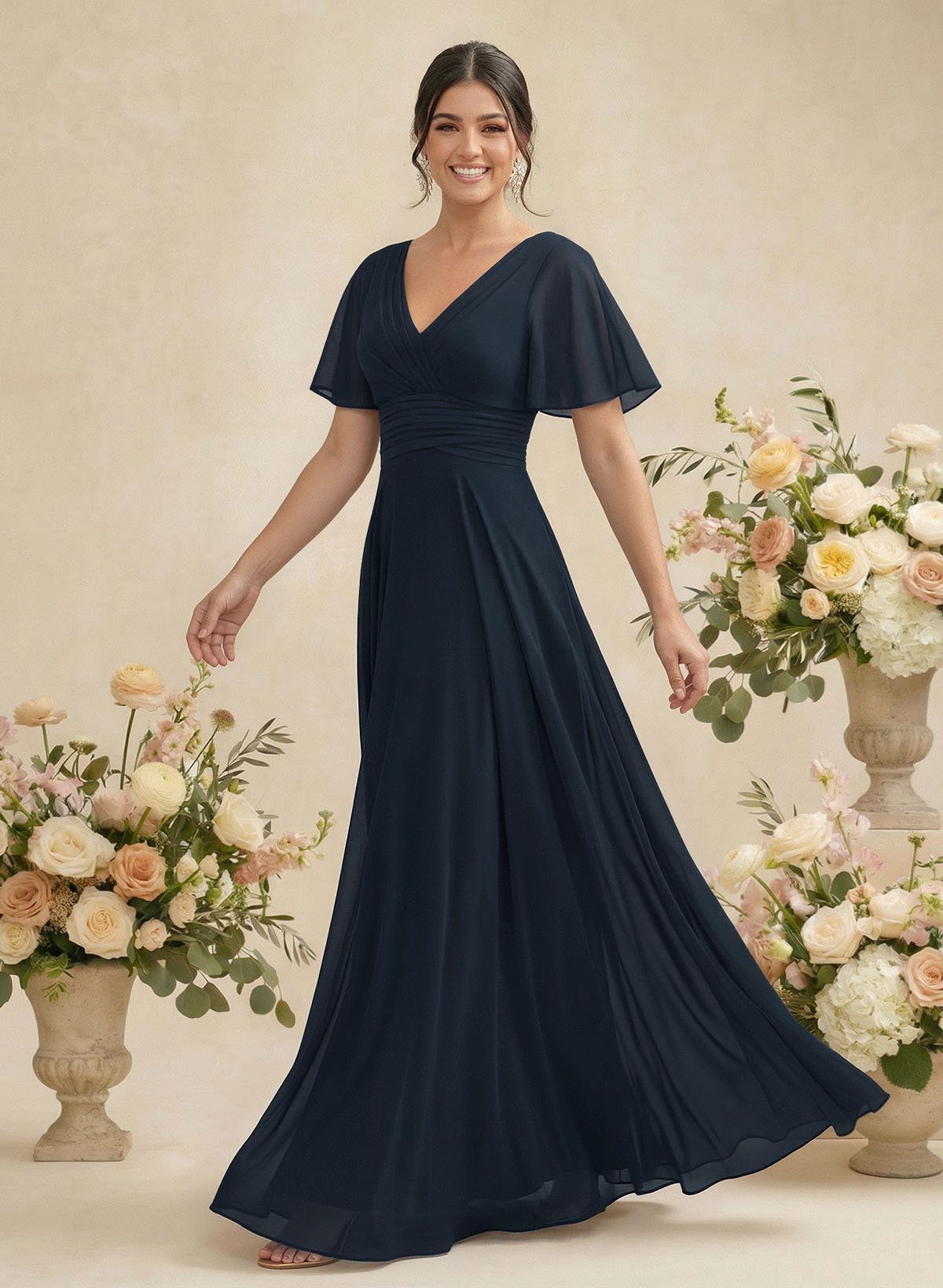 V-Neck Chiffon Bridesmaid Dresses With Short Sleeves, product image 2