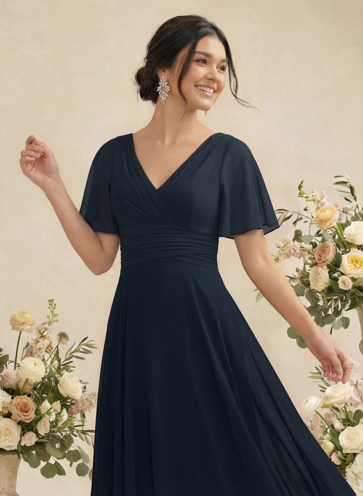 V-Neck Chiffon Bridesmaid Dresses With Short Sleeves, product image 4