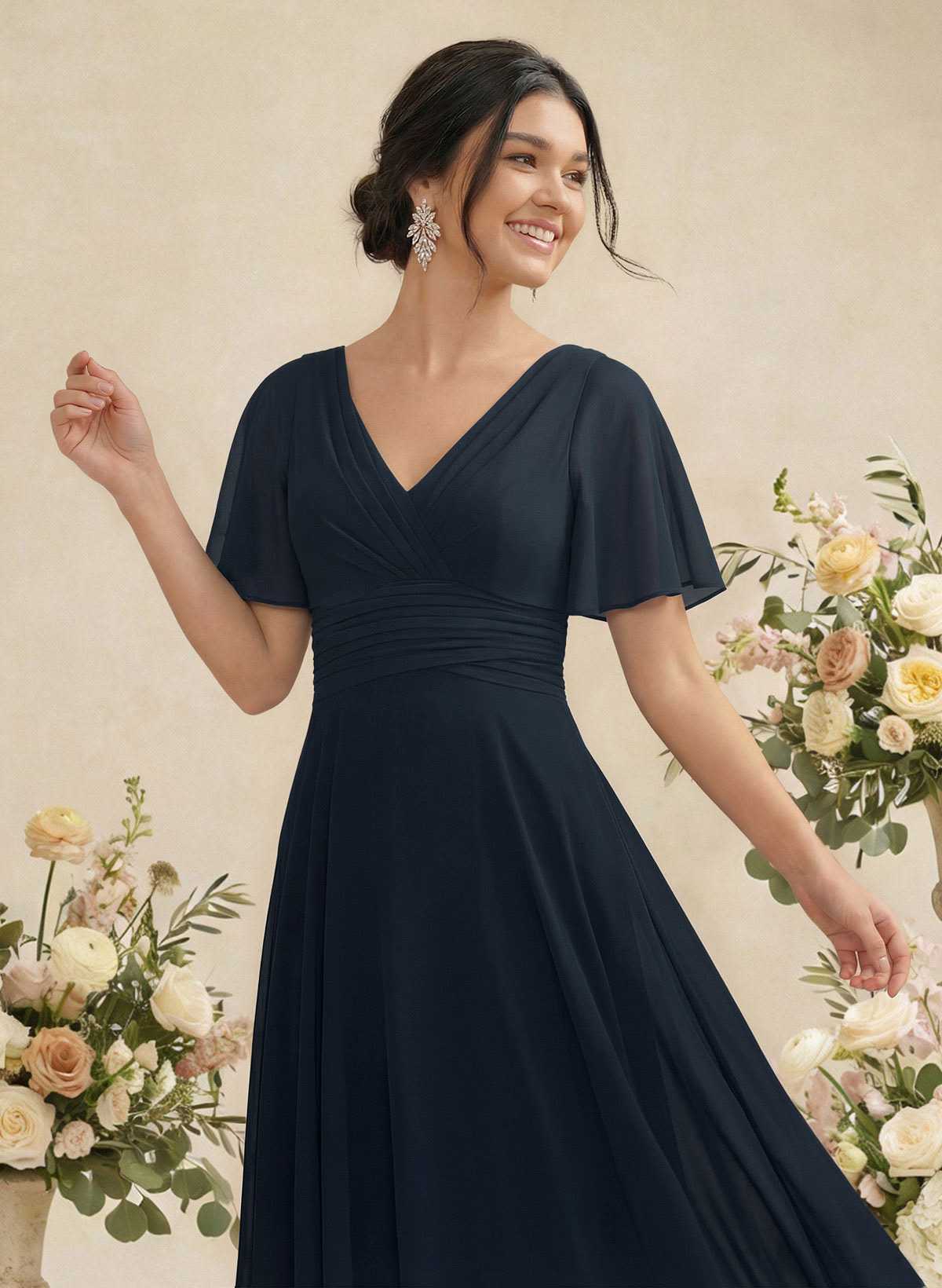 V-Neck Chiffon Bridesmaid Dresses With Short Sleeves, product image 4