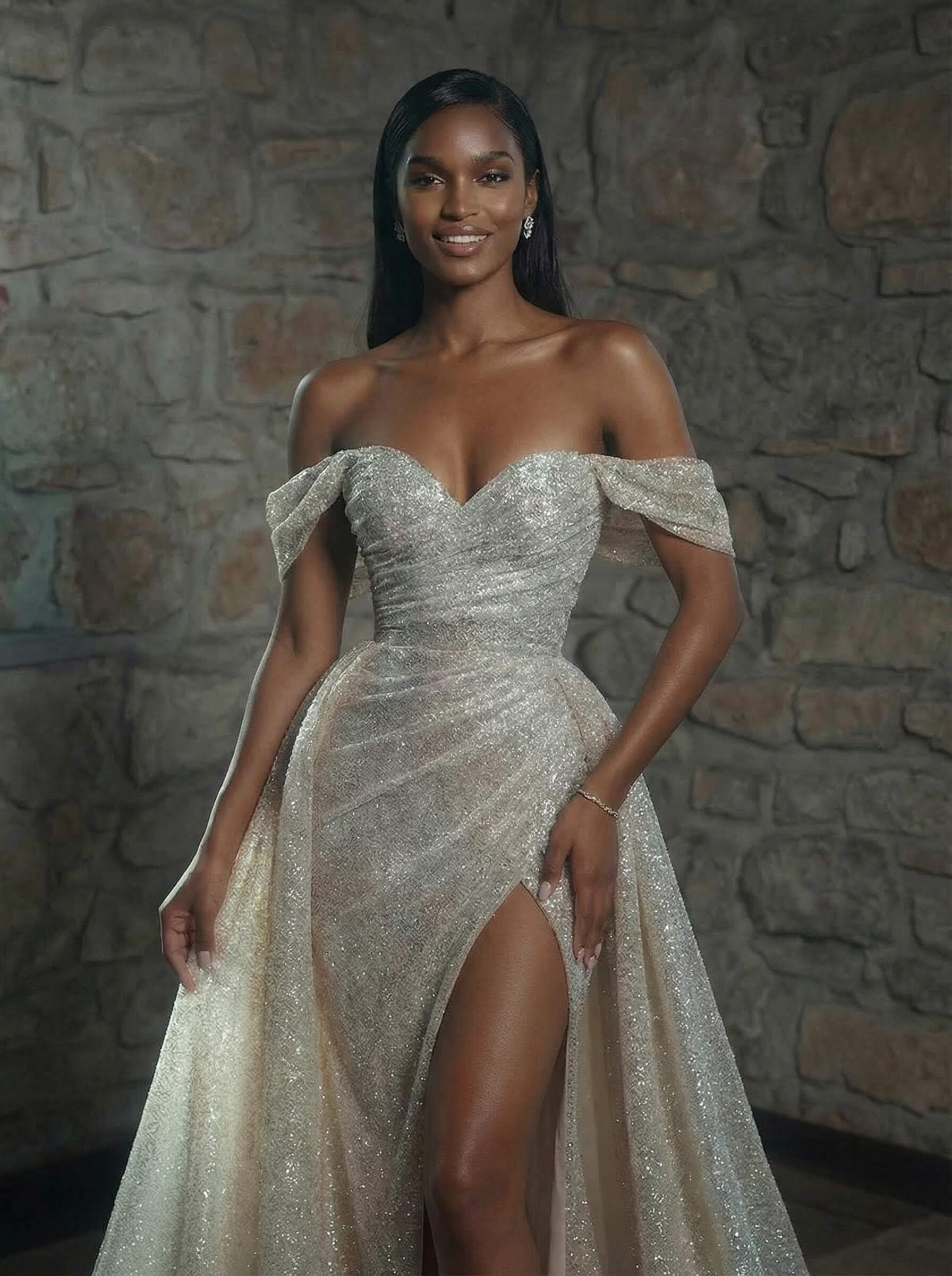 Trumpet/Mermaid Off-The-Shoulder Chapel Train Sequined Wedding Dresses With Split Front