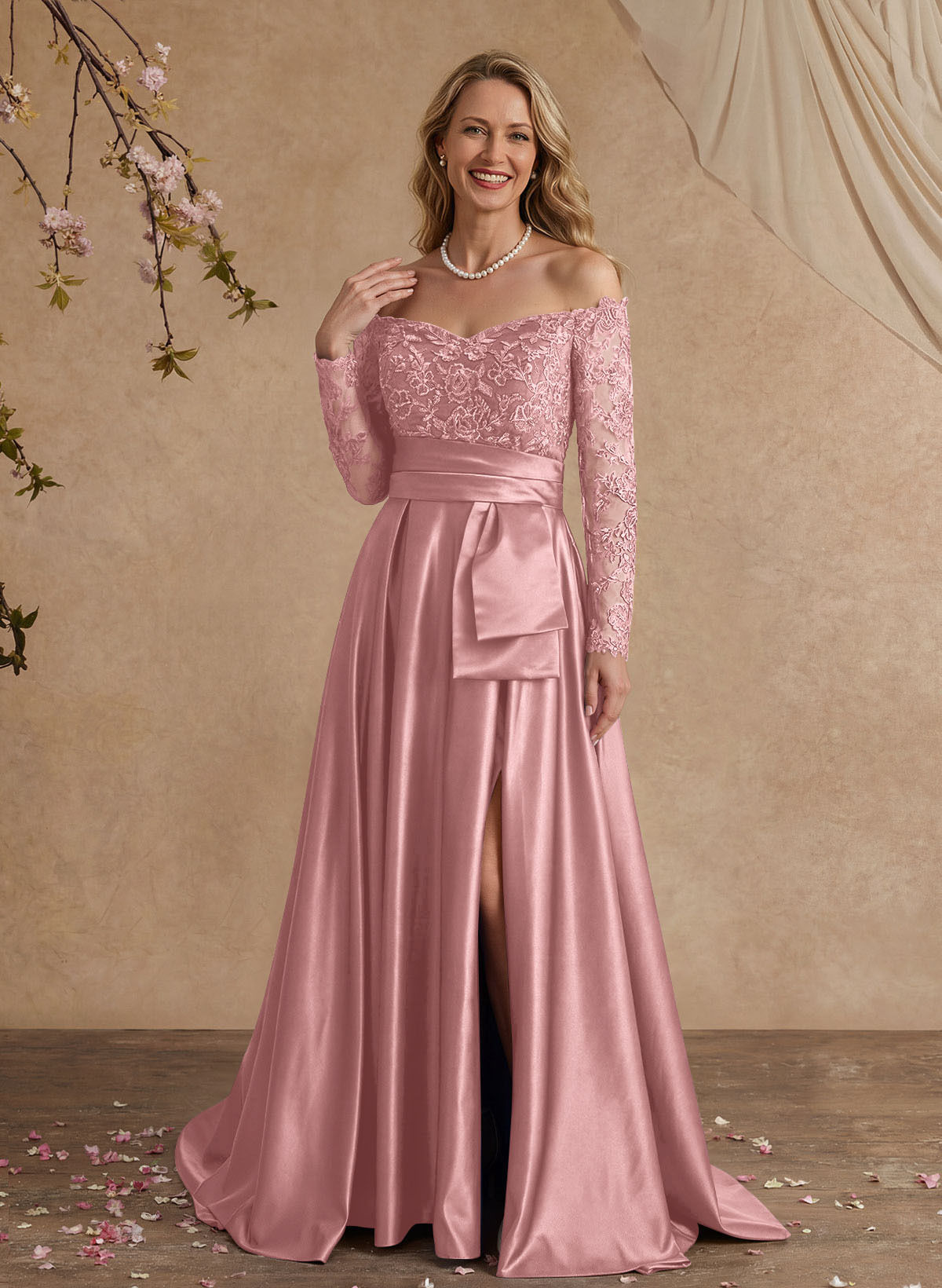 A-Line Off-The-Shoulder 3/4 Sleeves Sweep Train Lace/Satin Mother Of The Bride Dresses