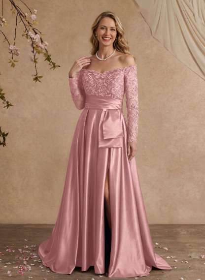 A-Line Off-The-Shoulder 3/4 Sleeves Sweep Train Lace/Satin Mother Of The Bride Dresses