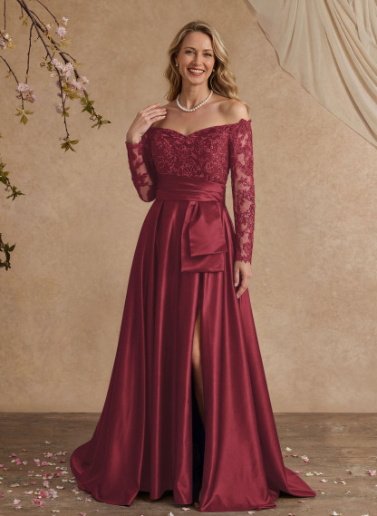 A-Line Off-The-Shoulder 3/4 Sleeves Sweep Train Lace/Satin Mother Of The Bride Dresses