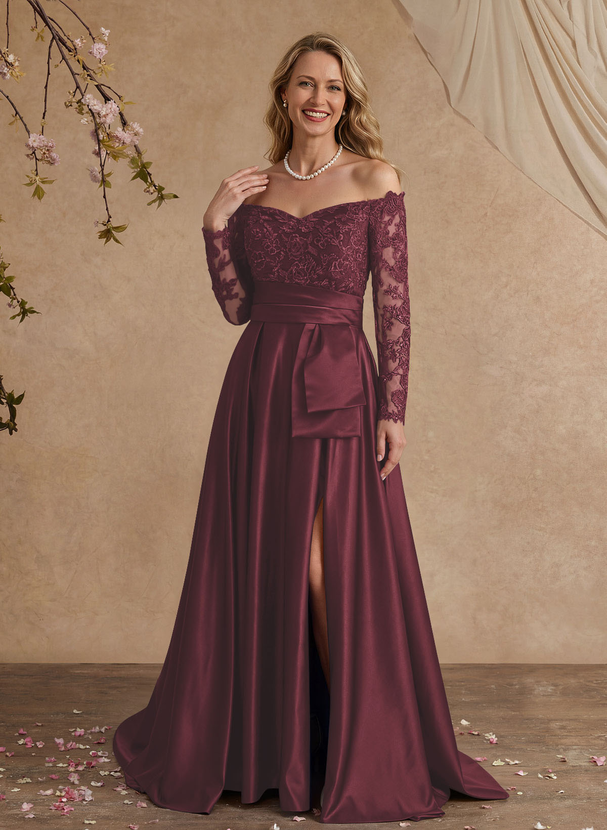 A-Line Off-The-Shoulder 3/4 Sleeves Sweep Train Lace/Satin Mother Of The Bride Dresses