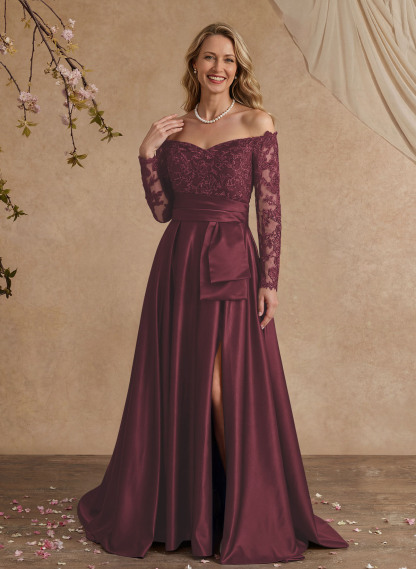 A-Line Off-The-Shoulder 3/4 Sleeves Sweep Train Lace/Satin Mother Of The Bride Dresses