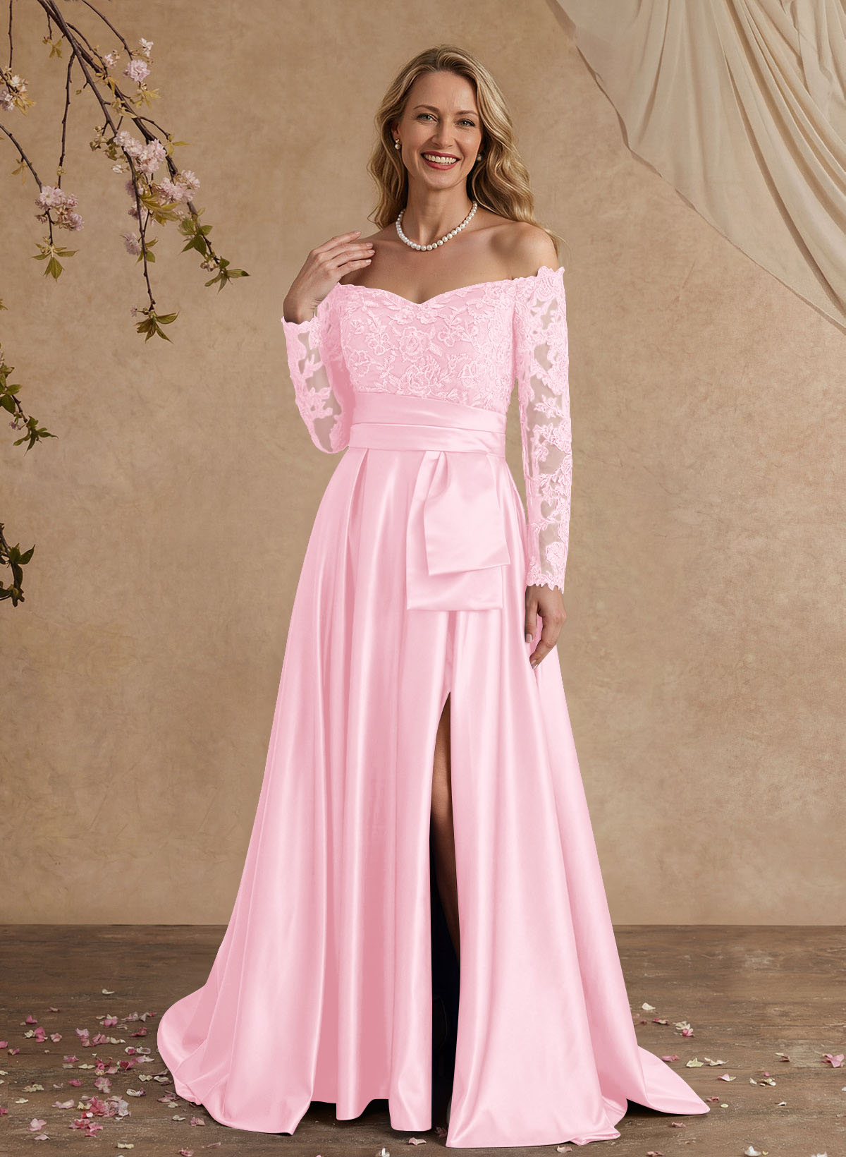 A-Line Off-The-Shoulder 3/4 Sleeves Sweep Train Lace/Satin Mother Of The Bride Dresses