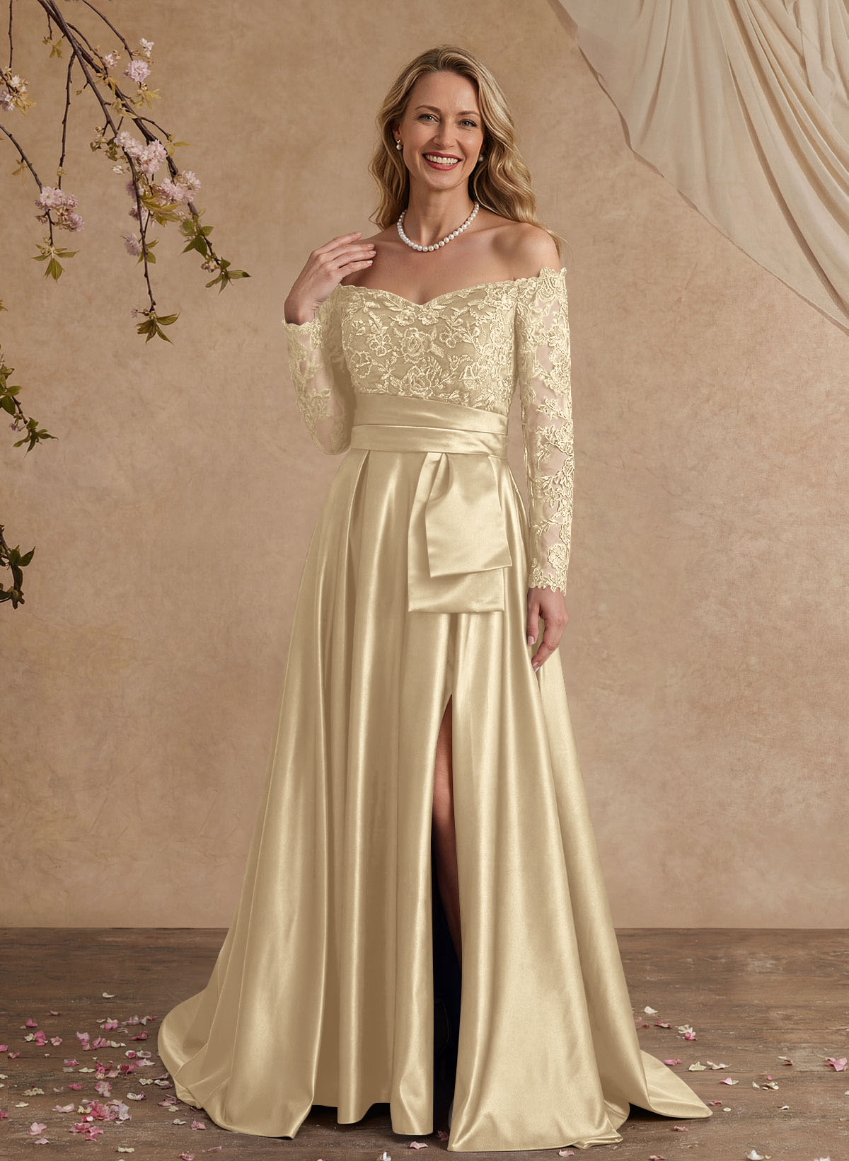 A-Line Off-The-Shoulder 3/4 Sleeves Sweep Train Lace/Satin Mother Of The Bride Dresses