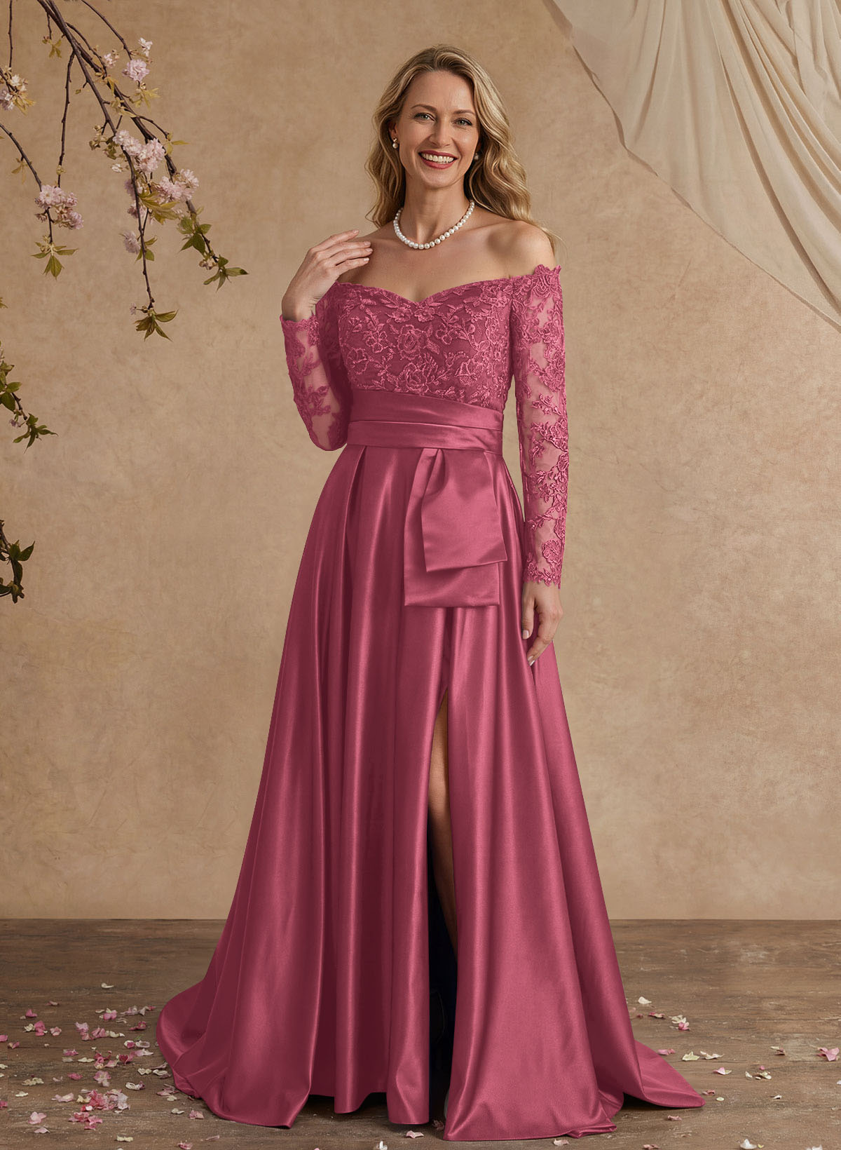 A-Line Off-The-Shoulder 3/4 Sleeves Sweep Train Lace/Satin Mother Of The Bride Dresses