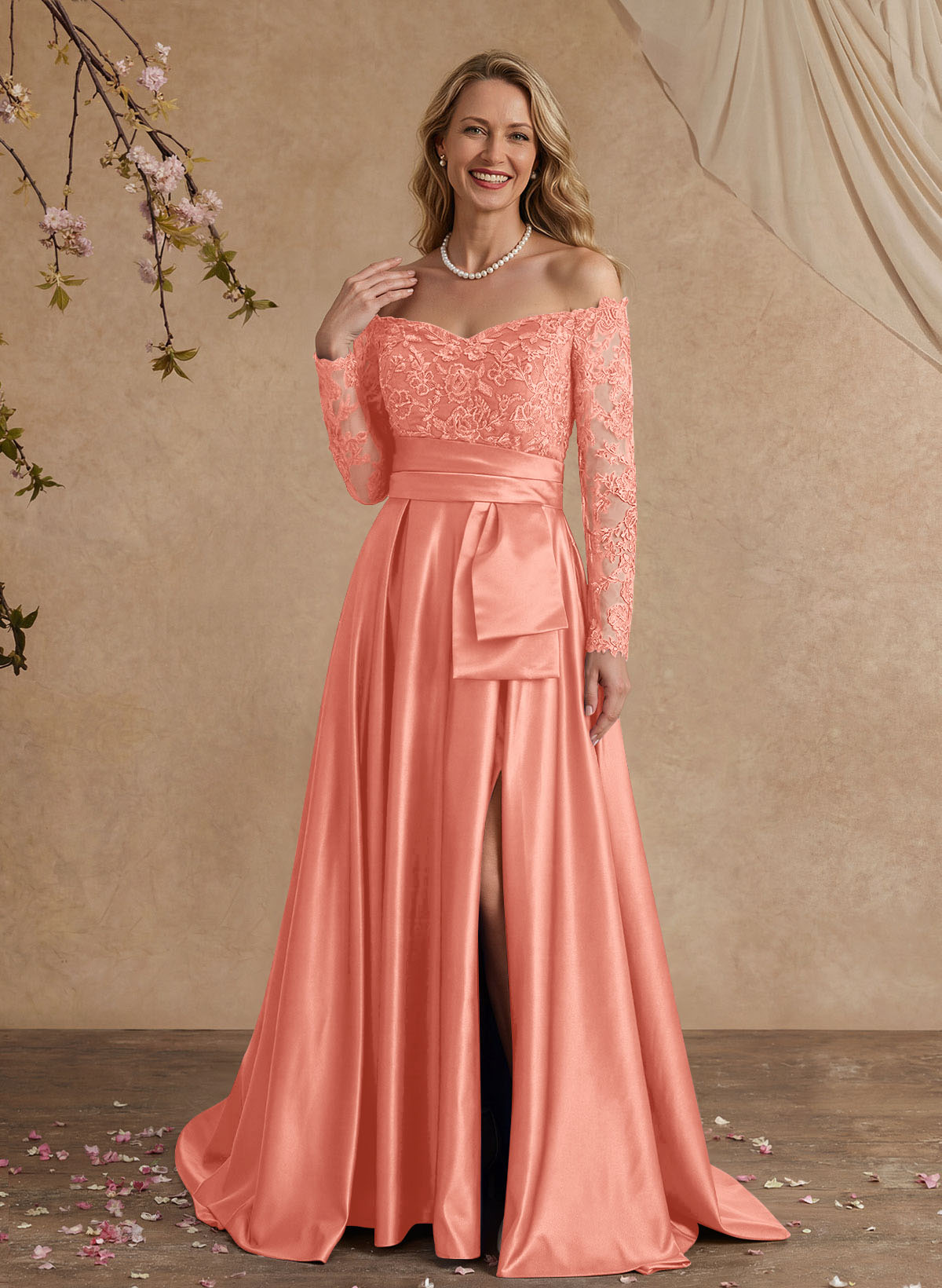 A-Line Off-The-Shoulder 3/4 Sleeves Sweep Train Lace/Satin Mother Of The Bride Dresses