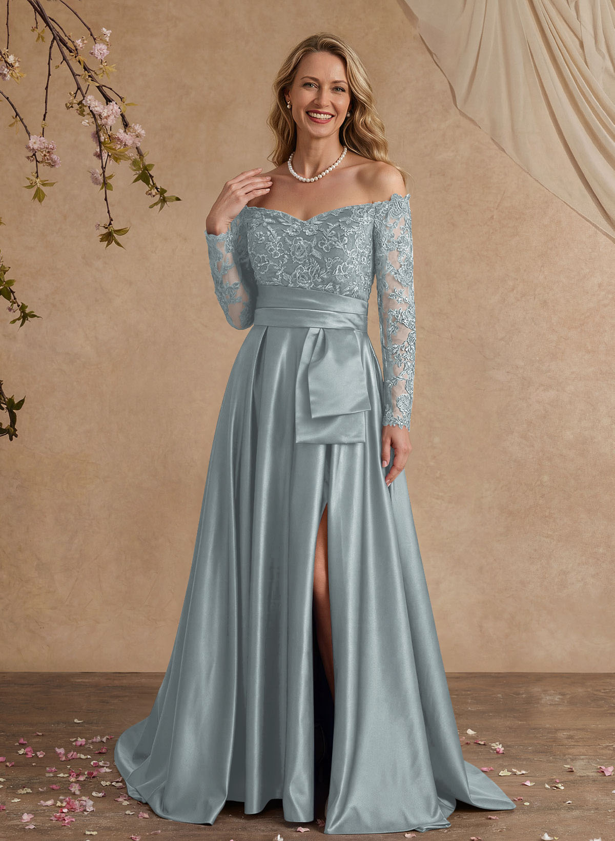 A-Line Off-The-Shoulder 3/4 Sleeves Sweep Train Lace/Satin Mother Of The Bride Dresses