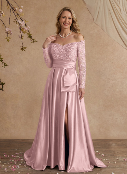 A-Line Off-The-Shoulder 3/4 Sleeves Sweep Train Lace/Satin Mother Of The Bride Dresses