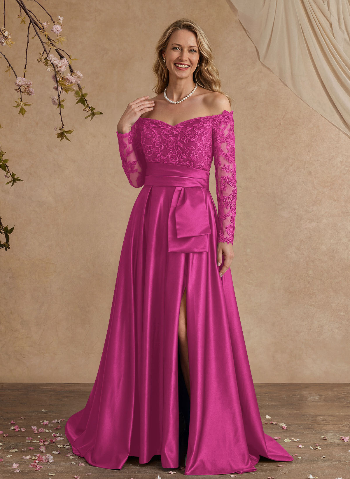 A-Line Off-The-Shoulder 3/4 Sleeves Sweep Train Lace/Satin Mother Of The Bride Dresses