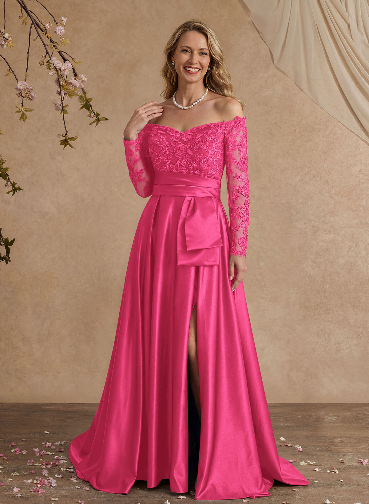 A-Line Off-The-Shoulder 3/4 Sleeves Sweep Train Lace/Satin Mother Of The Bride Dresses