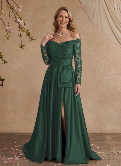 A-Line Off-The-Shoulder 3/4 Sleeves Sweep Train Lace/Satin Mother Of The Bride Dresses