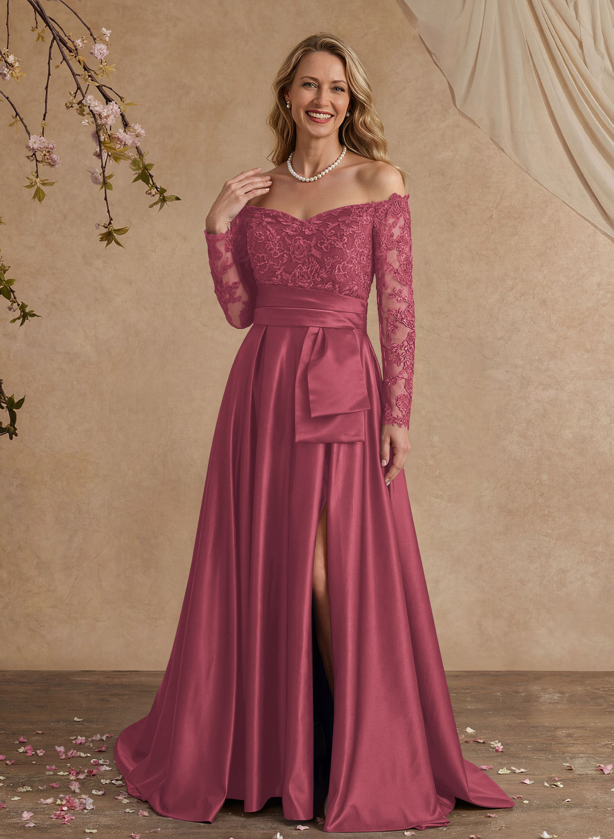A-Line Off-The-Shoulder 3/4 Sleeves Sweep Train Lace/Satin Mother Of The Bride Dresses