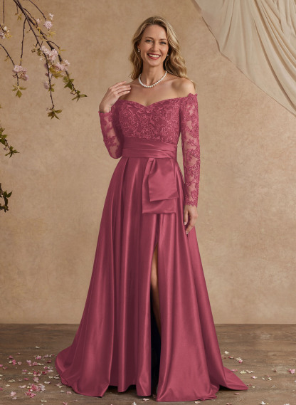 A-Line Off-The-Shoulder 3/4 Sleeves Sweep Train Lace/Satin Mother Of The Bride Dresses