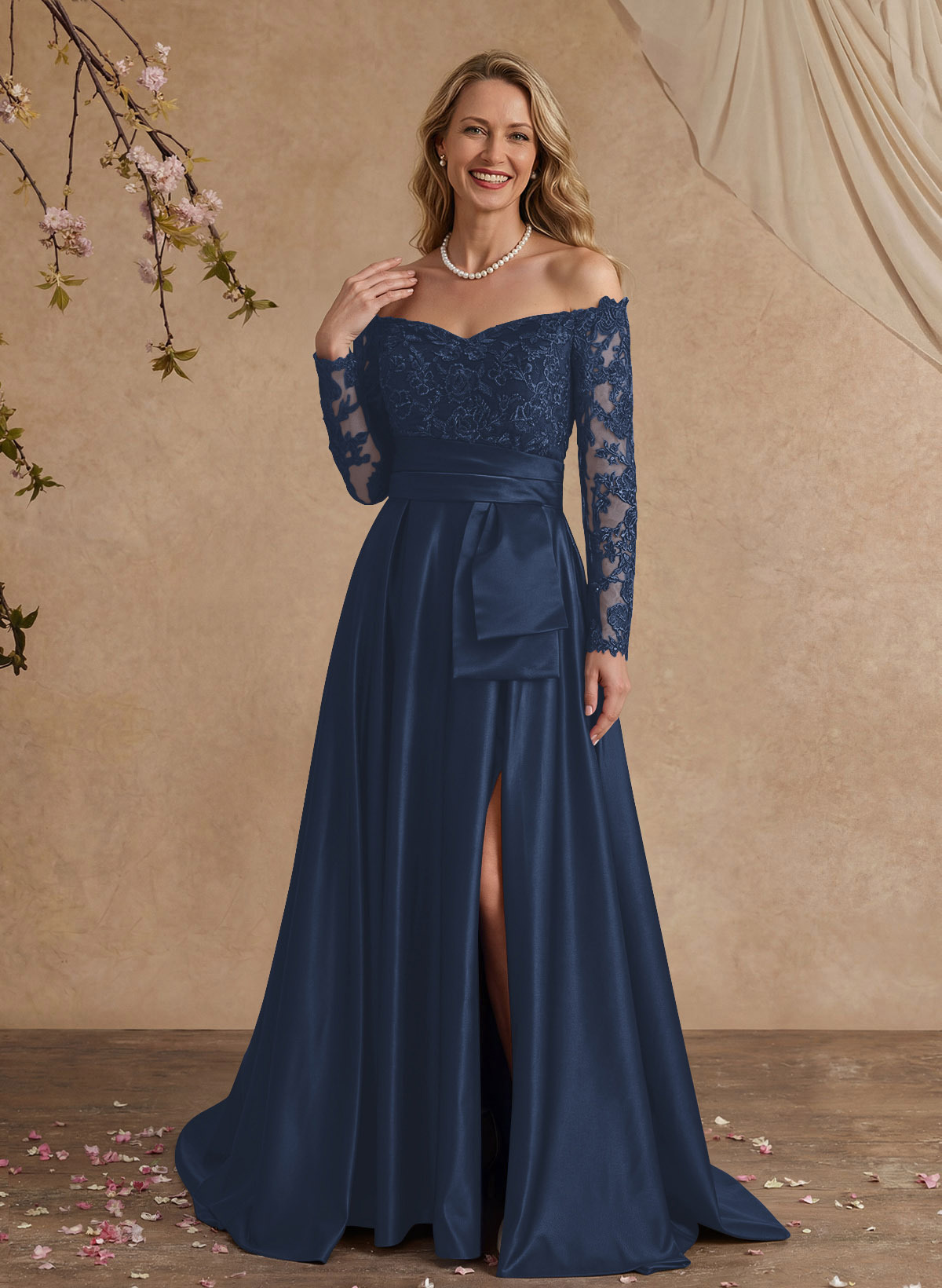 A-Line Off-The-Shoulder 3/4 Sleeves Sweep Train Lace/Satin Mother Of The Bride Dresses