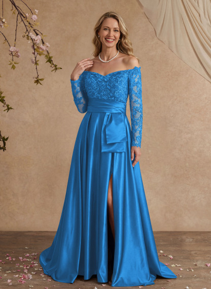 A-Line Off-The-Shoulder 3/4 Sleeves Sweep Train Lace/Satin Mother Of The Bride Dresses