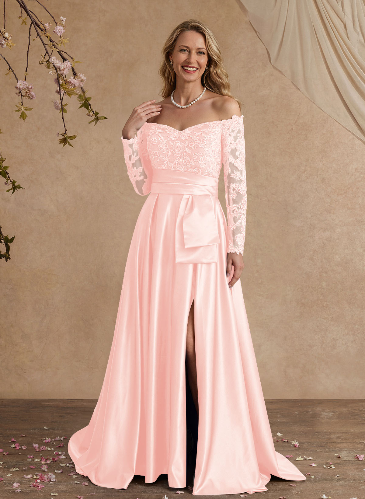 A-Line Off-The-Shoulder 3/4 Sleeves Sweep Train Lace/Satin Mother Of The Bride Dresses