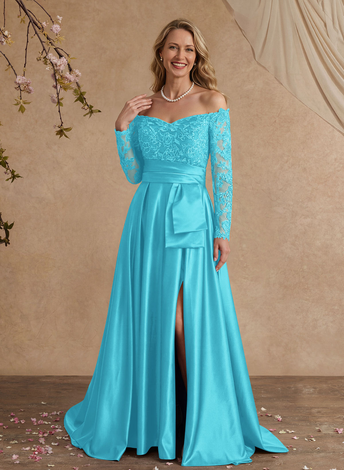 A-Line Off-The-Shoulder 3/4 Sleeves Sweep Train Lace/Satin Mother Of The Bride Dresses