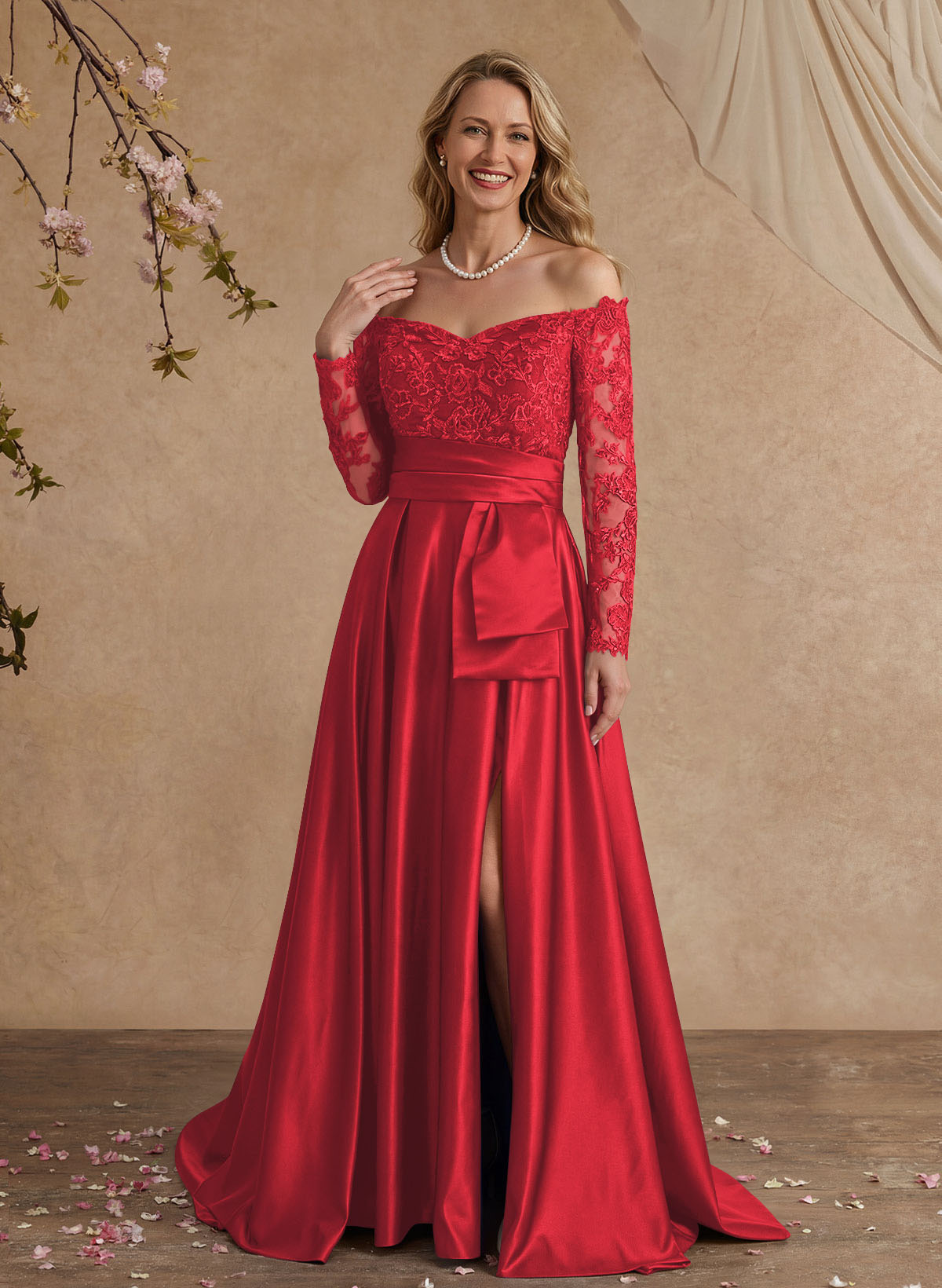 A-Line Off-The-Shoulder 3/4 Sleeves Sweep Train Lace/Satin Mother Of The Bride Dresses