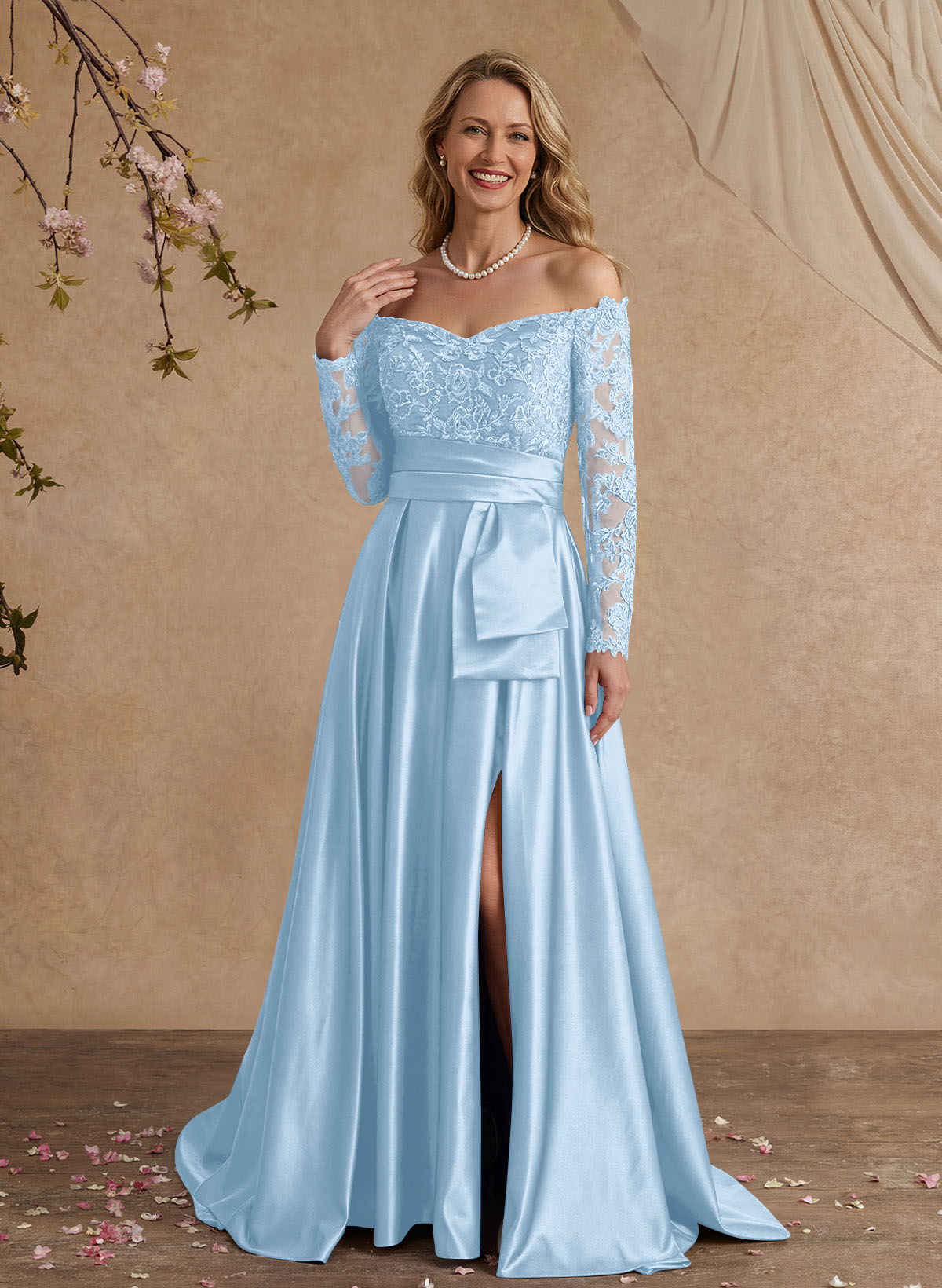 A-Line Off-The-Shoulder 3/4 Sleeves Sweep Train Lace/Satin Mother Of The Bride Dresses
