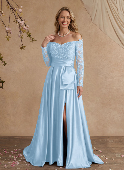 A-Line Off-The-Shoulder 3/4 Sleeves Sweep Train Lace/Satin Mother Of The Bride Dresses