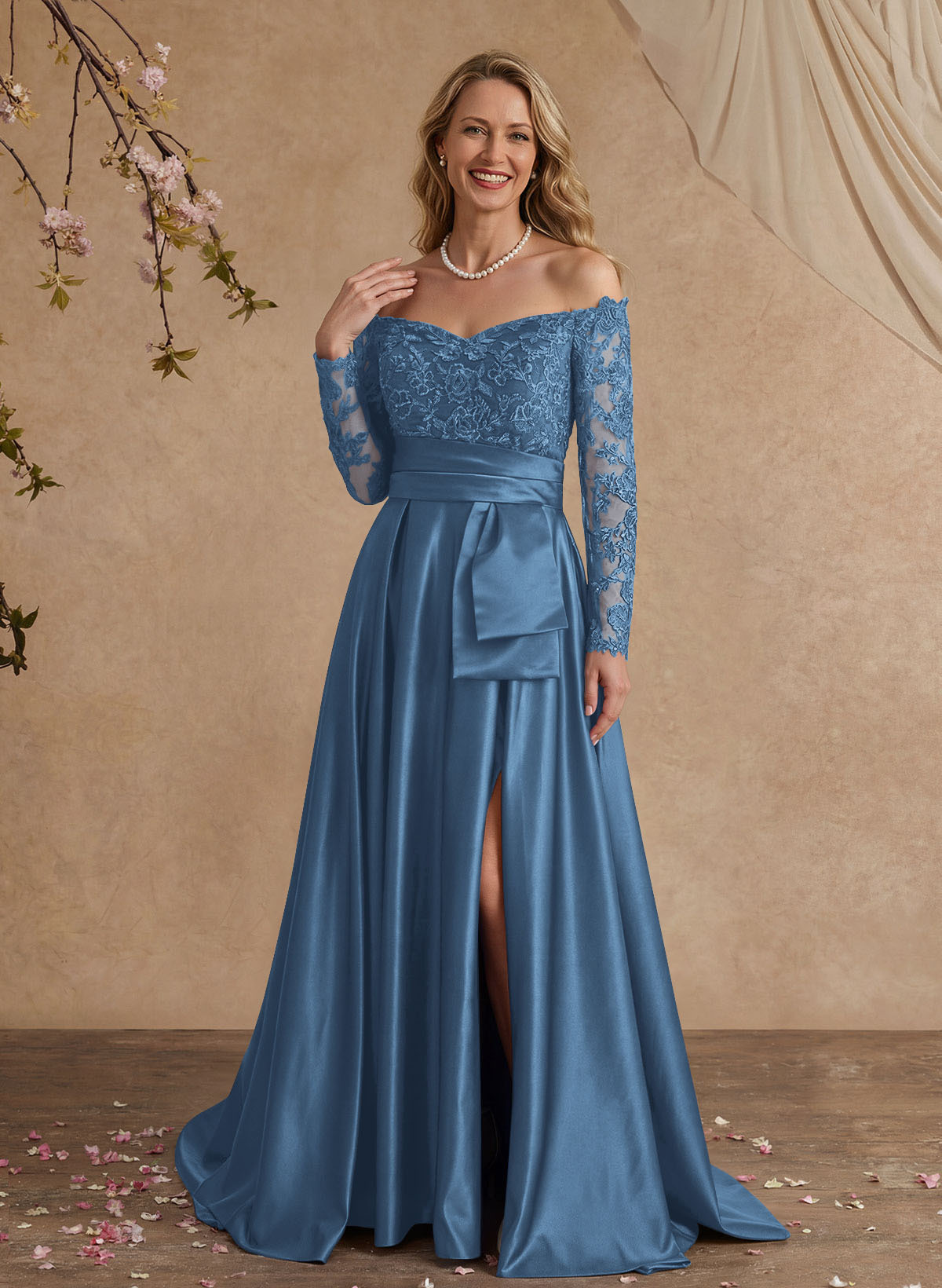 A-Line Off-The-Shoulder 3/4 Sleeves Sweep Train Lace/Satin Mother Of The Bride Dresses