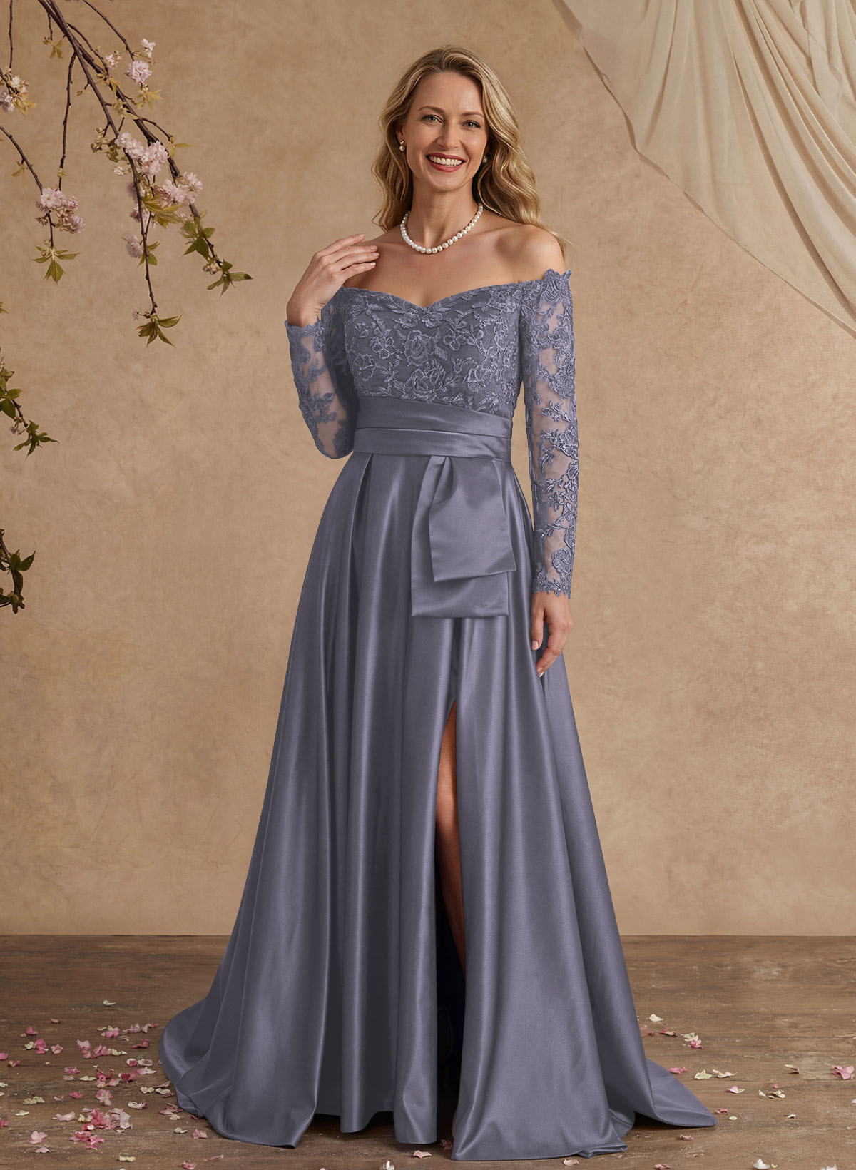 A-Line Off-The-Shoulder 3/4 Sleeves Sweep Train Lace/Satin Mother Of The Bride Dresses