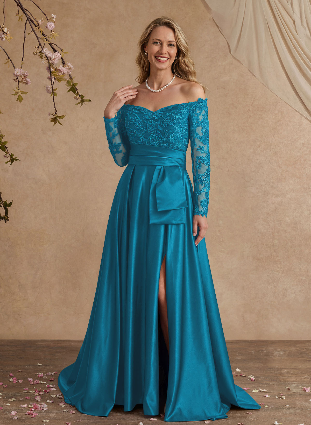 A-Line Off-The-Shoulder 3/4 Sleeves Sweep Train Lace/Satin Mother Of The Bride Dresses