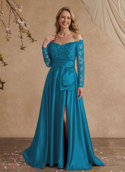 A-Line Off-The-Shoulder 3/4 Sleeves Sweep Train Lace/Satin Mother Of The Bride Dresses