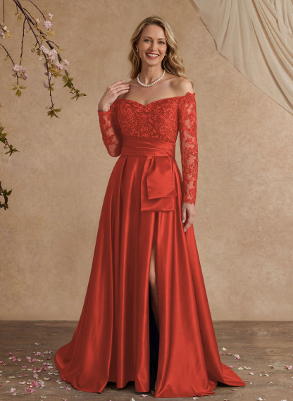 A-Line Off-The-Shoulder 3/4 Sleeves Sweep Train Lace/Satin Mother Of The Bride Dresses