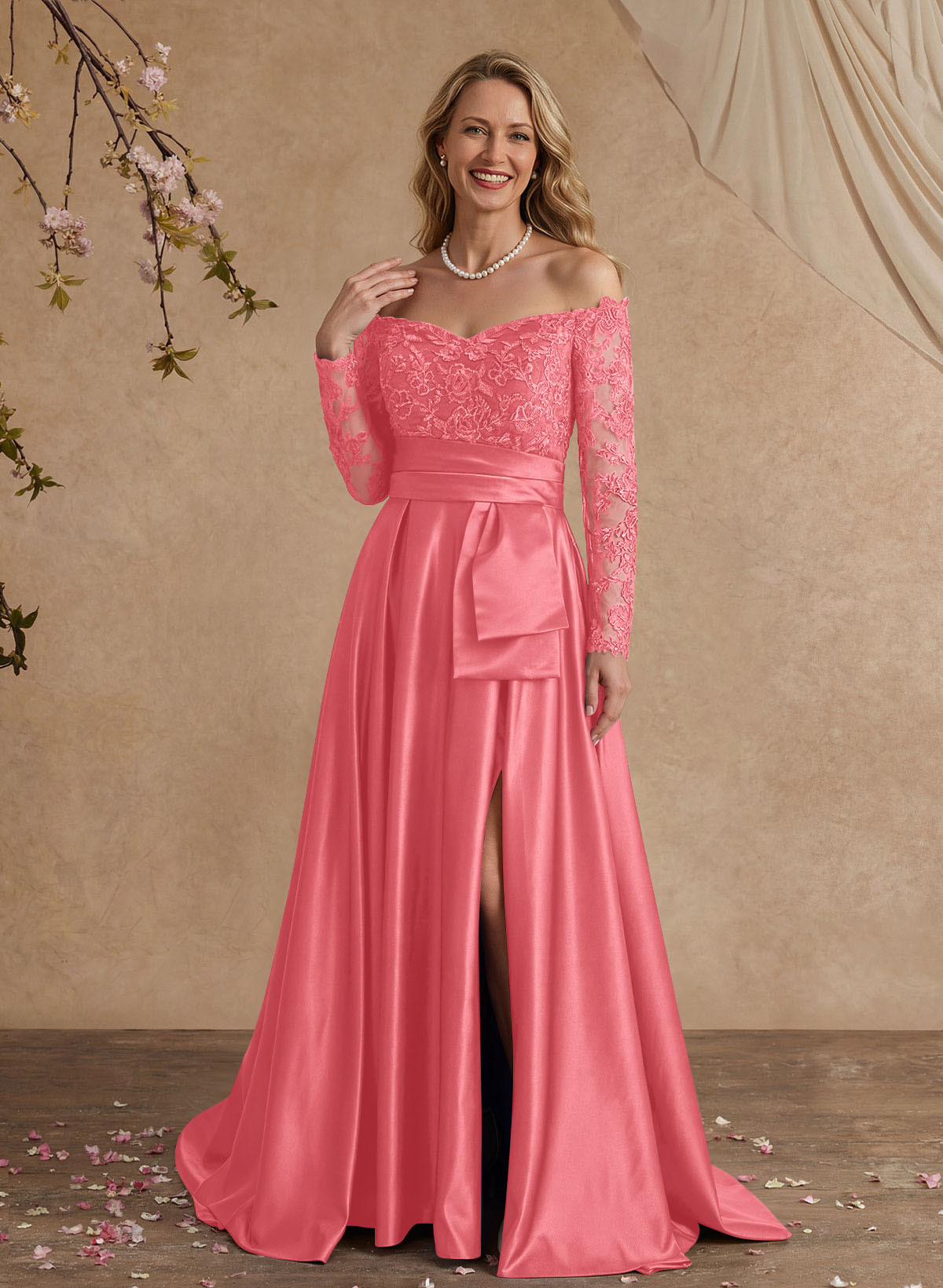 A-Line Off-The-Shoulder 3/4 Sleeves Sweep Train Lace/Satin Mother Of The Bride Dresses