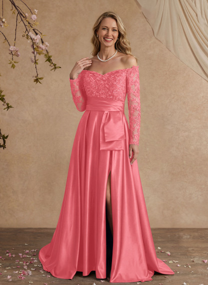 A-Line Off-The-Shoulder 3/4 Sleeves Sweep Train Lace/Satin Mother Of The Bride Dresses